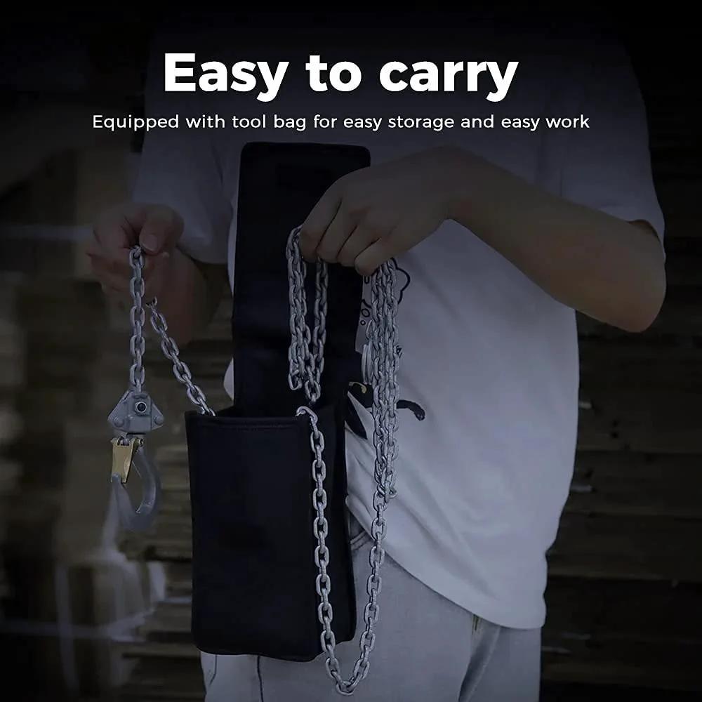Person holding Mini Lever Chain Hoist 1100Lbs 0.5T With 10 Ft Lift Aluminum Alloy with storage bag, emphasizing portability.