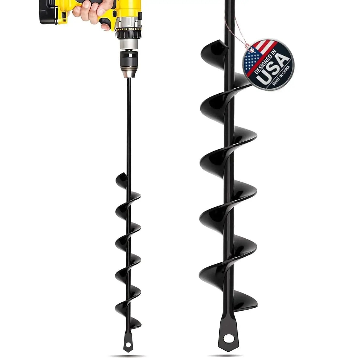 Garden Auger Drill Bit For Planting One Point Six By Sixteen Point Five Inch With Three Eighth Inch Hex Drive attached to drill