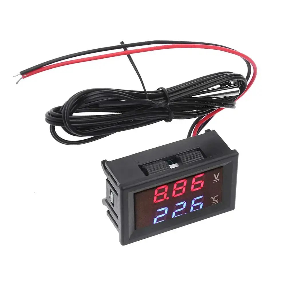 2 In 1 Car Thermometer And Voltmeter With LED Display For 12 To 24 Volt Vehicles, black unit with red and blue digital display