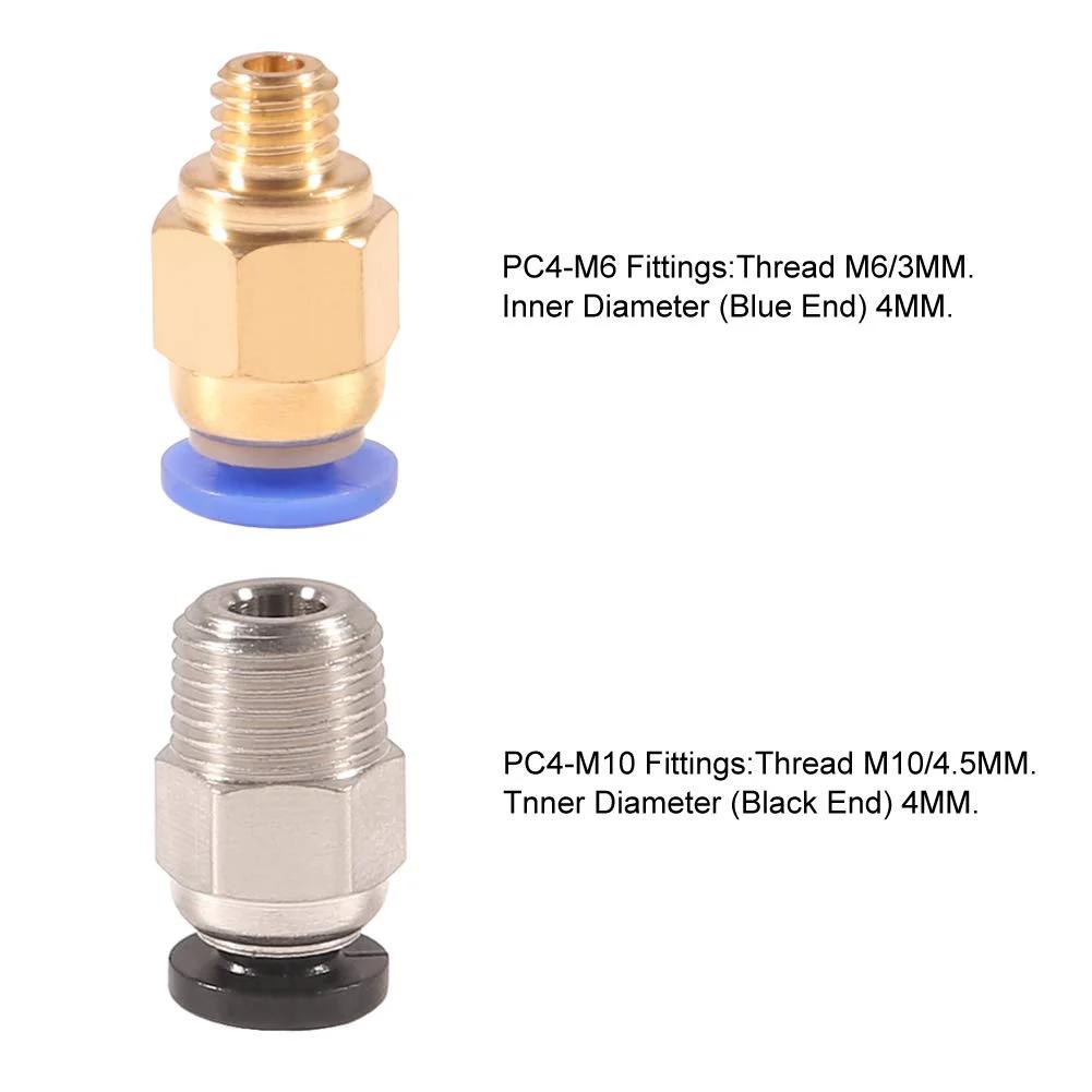 Push To Connect Pneumatic Fittings Set For 3D Printer Bowden Extruder M6 Copper Fittings With 3mm Thread And 4mm ID For 4mm OD Tubing And M10 Stainless Steel Straight Quick Connect Fittings With 6mm Thread And 4mm ID For 4mm OD Tubing, 20 Pieces showing copper and stainless steel fittings