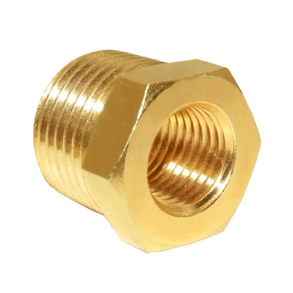 Front view of brass reducer hex bushing half inch NPT male to quarter inch NPT female, heavy duty and rust resistant