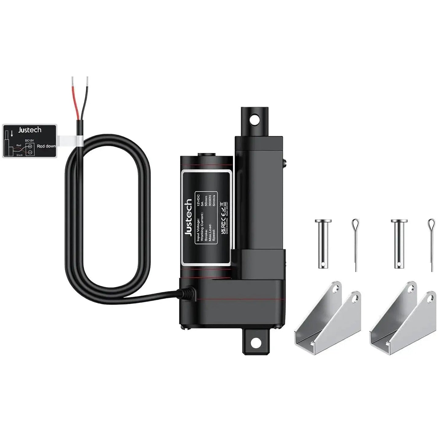 Built-Tough 12V Linear Actuator with 660 Lbs, 3000 N, 2-Inch Travel, IP65 weatherproof, bracket included, wires visible