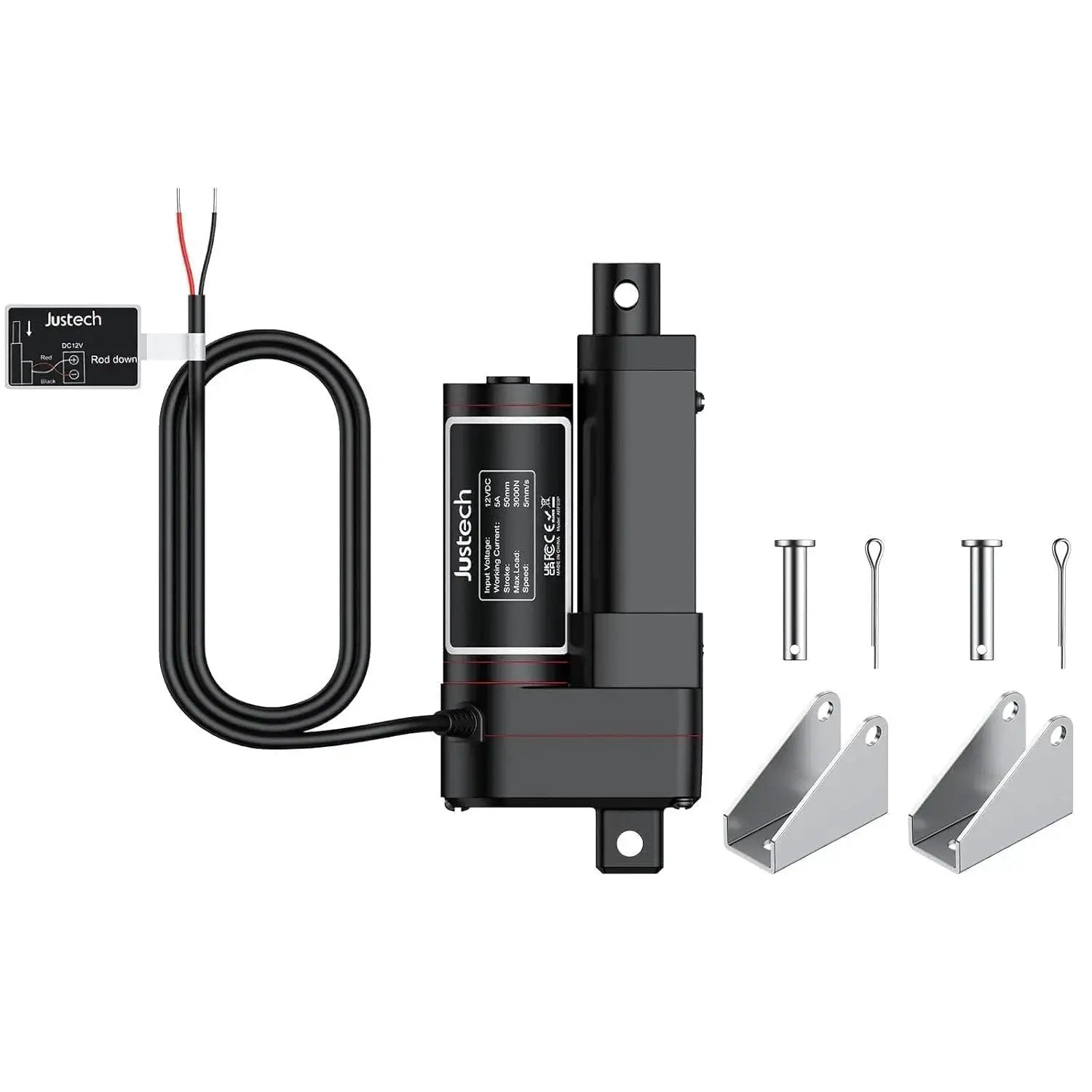 Built-Tough 12V Linear Actuator with 660 Lbs, 3000 N, 2-Inch Travel, IP65 weatherproof, bracket included, wires visible