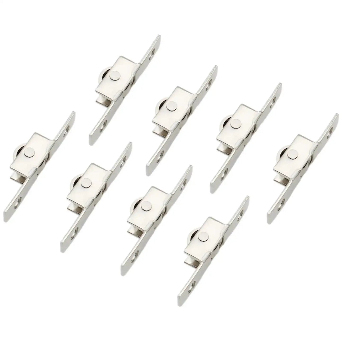 Eight Piece Sliding Window Roller Wheel Set Silver Metal Wheels For Windows And Cabinets Durable Metal Construction With 4mm Hole Diameter And 30mm Center Spacing Easy Installation With Screws Ideal Replacement Hardware.