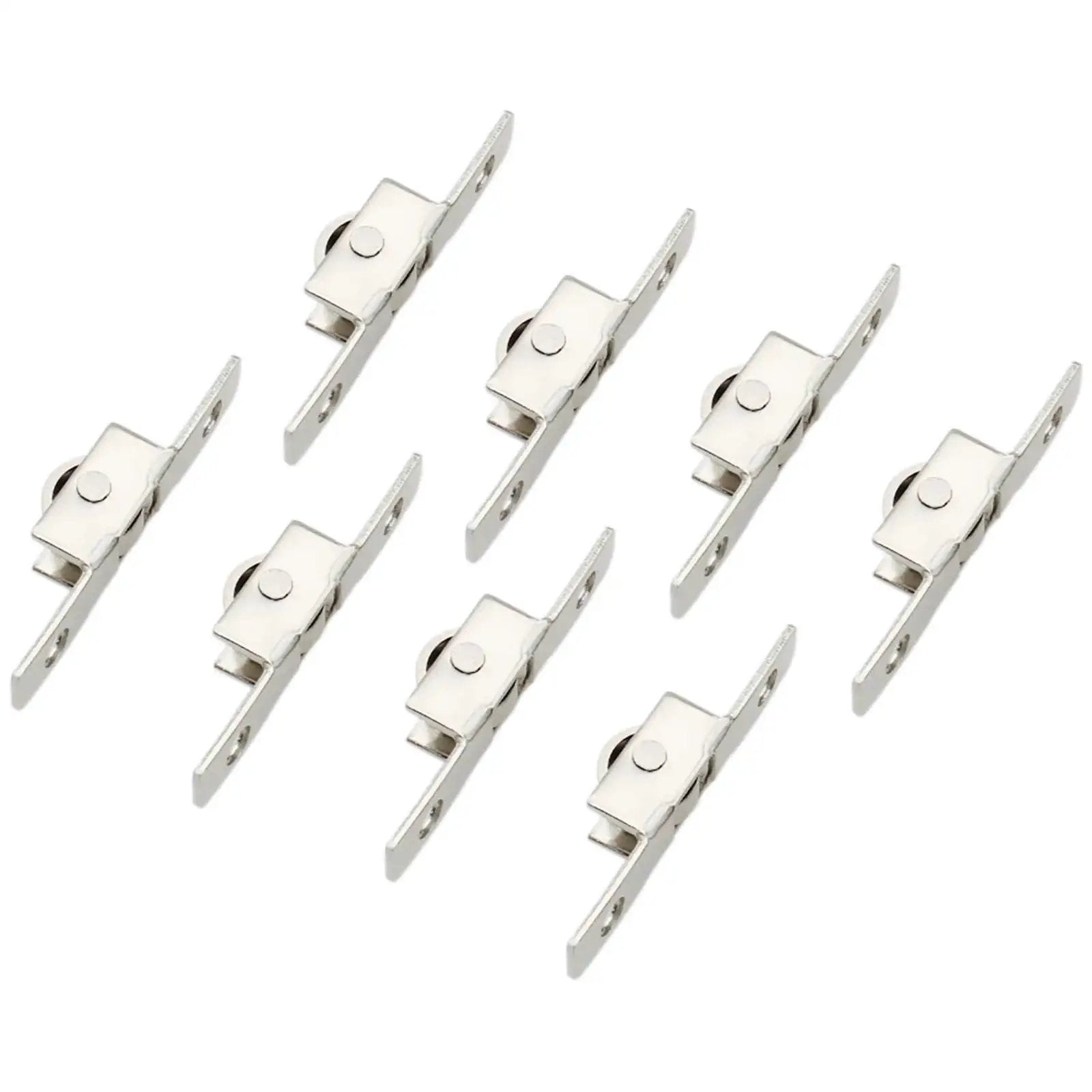 Eight Piece Sliding Window Roller Wheel Set Silver Metal Wheels For Windows And Cabinets Durable Metal Construction With 4mm Hole Diameter And 30mm Center Spacing Easy Installation With Screws Ideal Replacement Hardware.