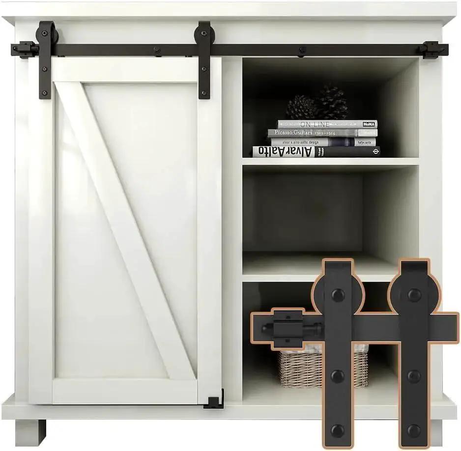 Two And A Half Foot Sliding Barn Door Hardware Kit For Single Door TV Stands And Small Cabinets J Shaped Hanger System With Carbon Steel Track Frosted Black Finish Stainless Steel Wheel Bearings And Nylon Rollers For Quiet Smooth Operation No Cabinet installed on white cabinet