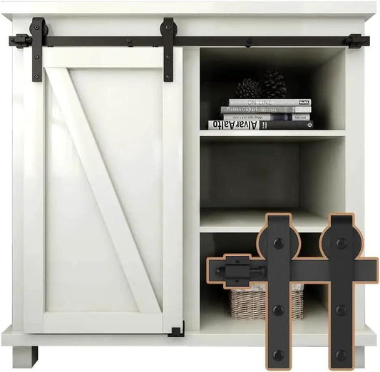 Two And A Half Foot Sliding Barn Door Hardware Kit For Single Door TV Stands And Small Cabinets J Shaped Hanger System With Carbon Steel Track Frosted Black Finish Stainless Steel Wheel Bearings And Nylon Rollers For Quiet Smooth Operation No Cabinet installed on white cabinet