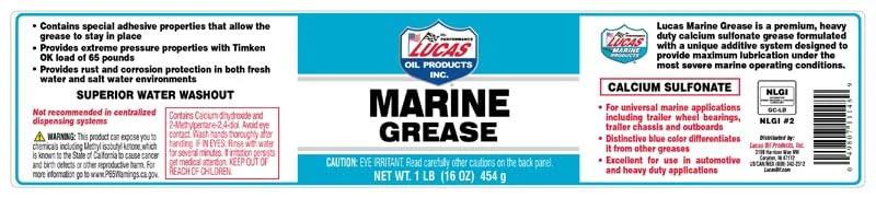 Label of Universal Marine Grease For Trailers And Outboards With Extreme Pressure, High Temperature Stability, 1 Pound Tub, Lucas Oil 11148.