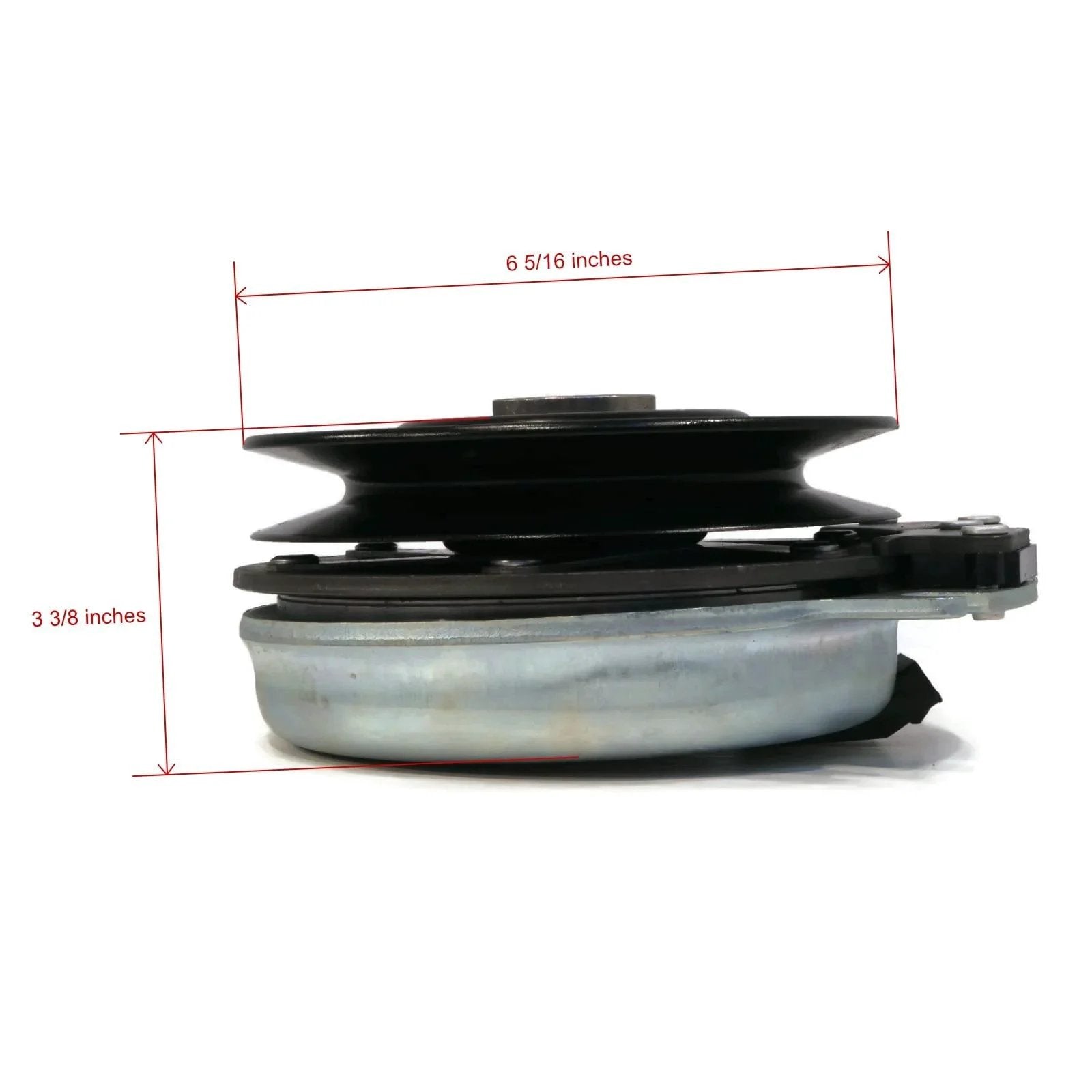 Side view of Electric PTO Clutch for Hustler 601311 fits Series ATZ, Z4, Super Z, w/XR-7 Deck with dimensions marked