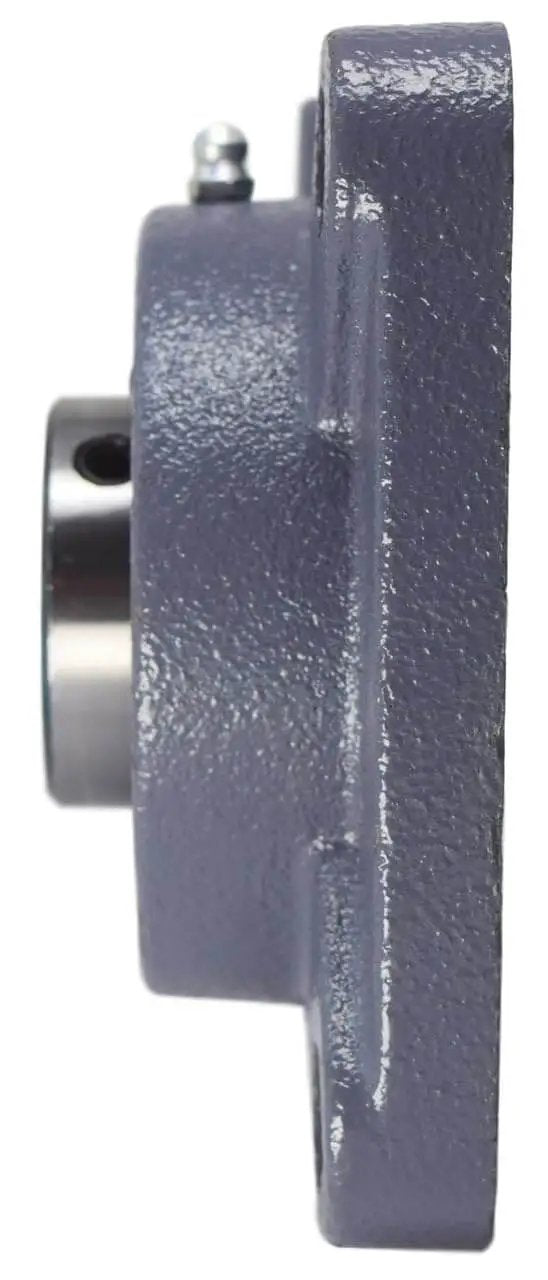 Side view of One And One Quarter Inch Bore Four Bolt Flange Bearing With Two Set Screws F4B SC 104 UCF207 20 Cast Iron Housing Grease Zerk.