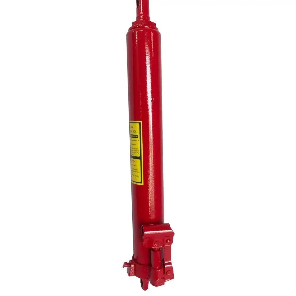 Side view of 8 Ton Hydraulic Long Ram Jack With Clevis Base For Engine Hoists And Cranes, red Q235 steel construction.