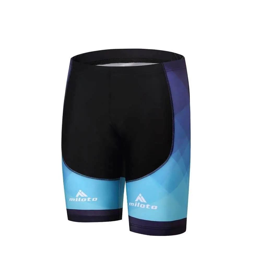 Men's black and blue cycling shorts with logo design on legs