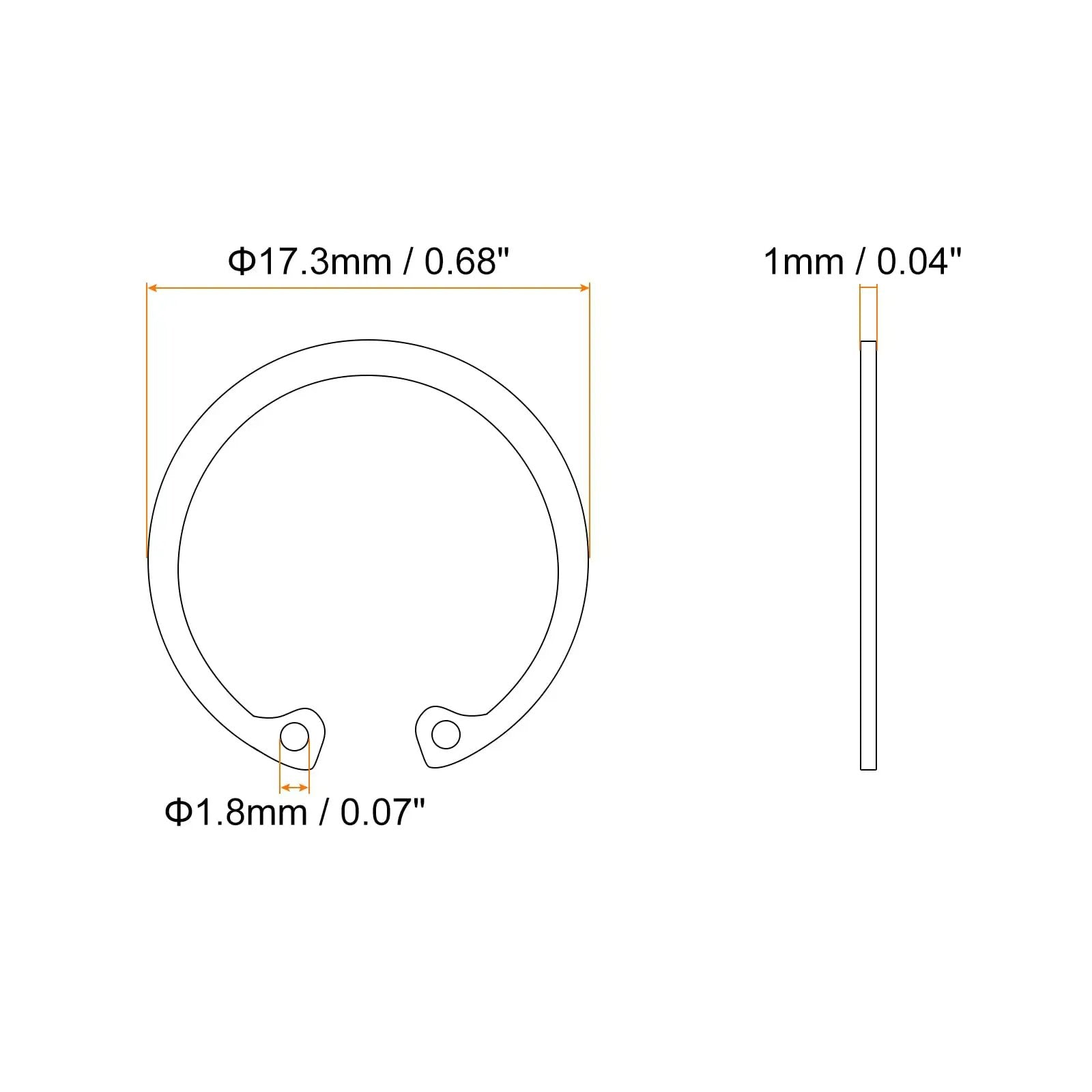 Diagram of Internal Retaining Ring Circlip 20Pcs 16mm 304 Stainless Steel, showing dimensions and side view, 17.3mm OD, 1.0mm thick.