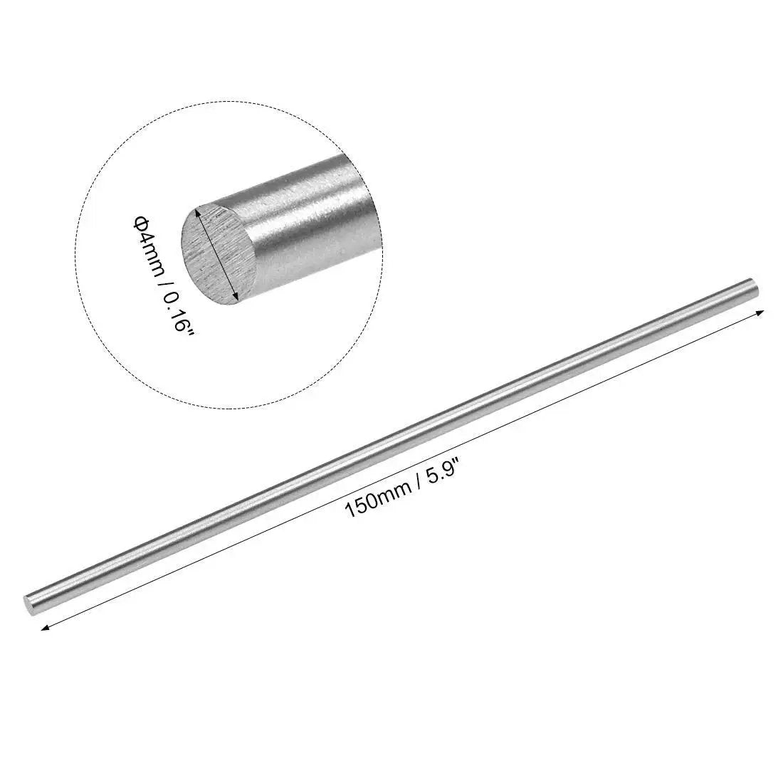 4Mm Round HSS Steel Rod For Lathe Milling Tools 150Mm Long Bar Stock 2Pc Uxcell Shaft, shown with dimensions and steel texture close-up.