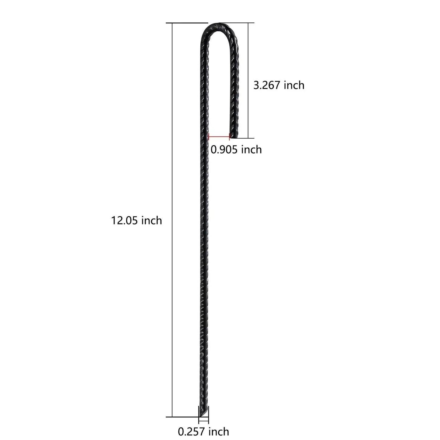 Extra Heavy Duty UJ Hook Rebar Ground Anchors Twelve Inch Long By One Quarter Inch Diameter Rust Proof Coated Steel For Garden Tent And Trampoline Fifty Pieces J Hook For Outdoor Use To Secure Tents Canopies Play Equipment In Wind, front view showing size dimensions.