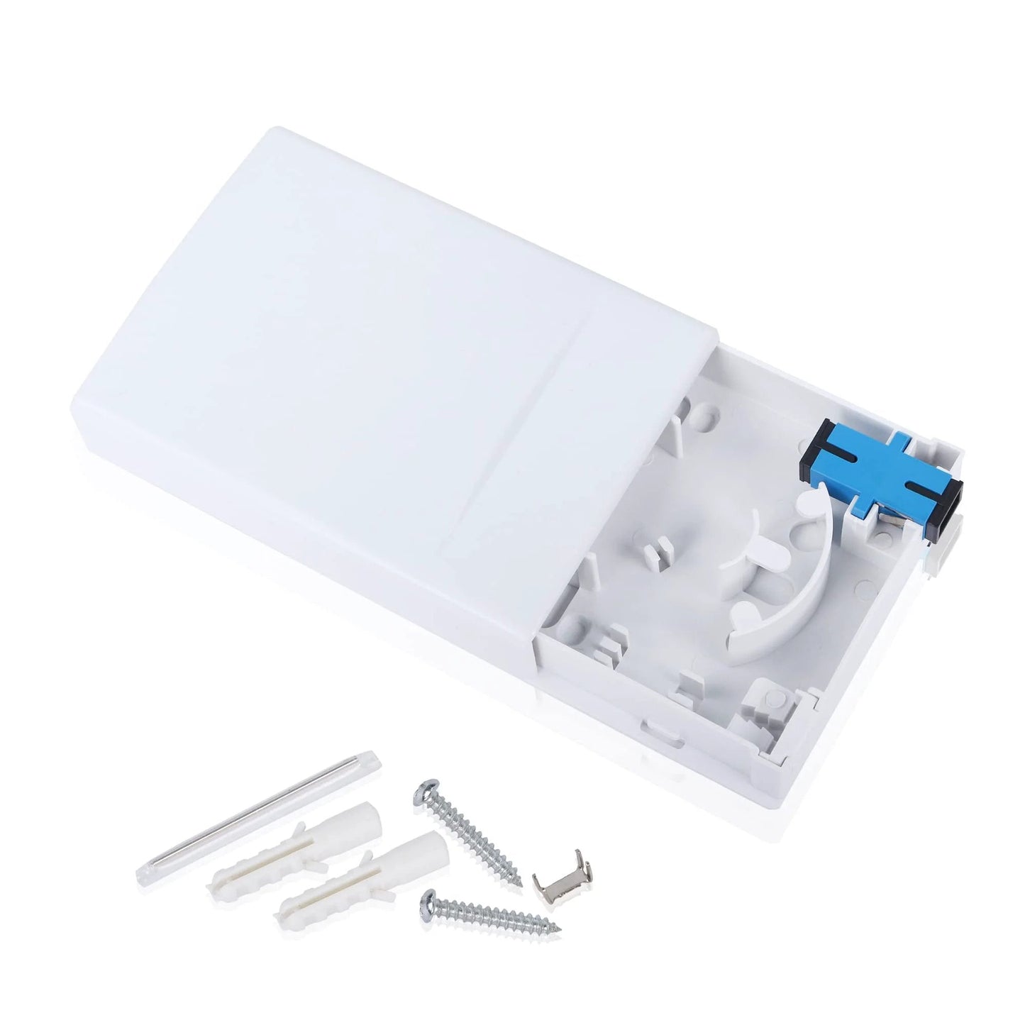 2 Port Fiber Optic Terminal Junction Box Desktop Panel For FTTH With SC UPC Connectors and plug and play cable management shown open