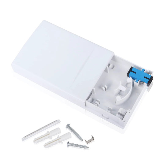2 Port Fiber Optic Terminal Junction Box Desktop Panel For FTTH With SC UPC Connectors and plug and play cable management shown open