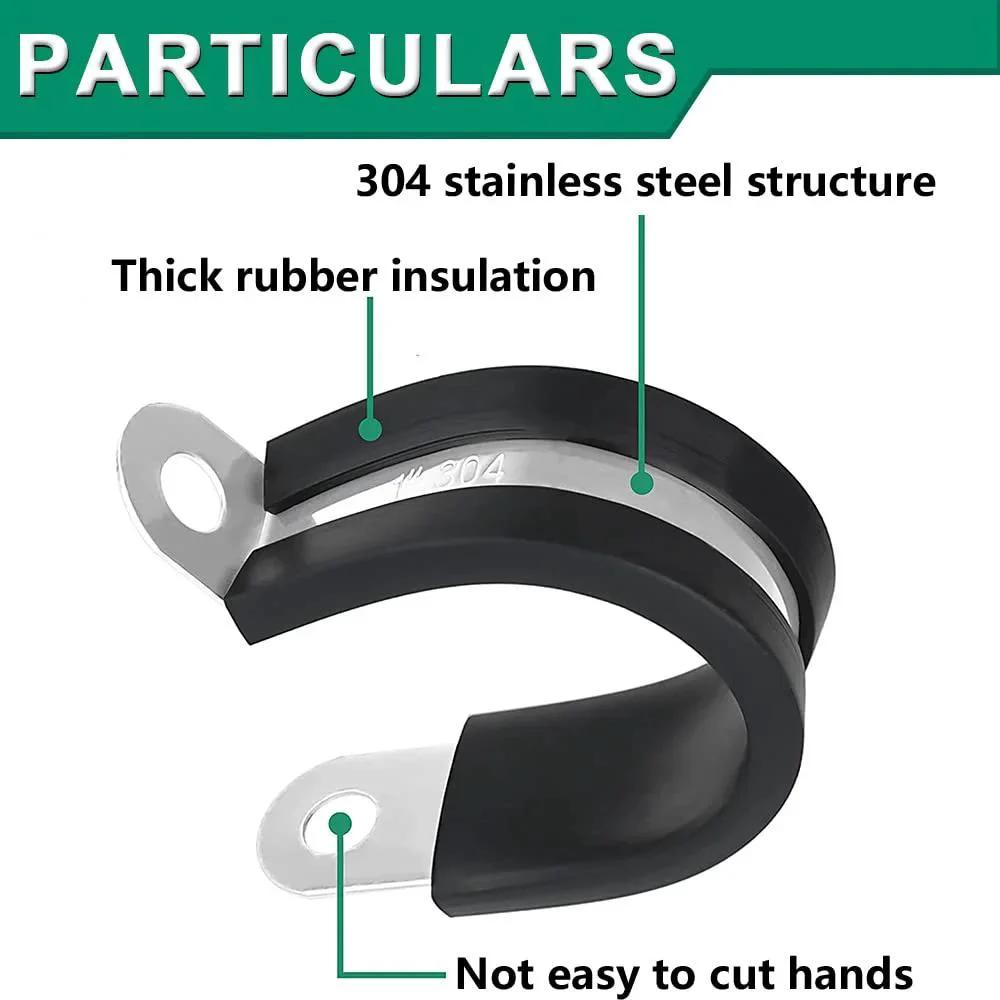 Close-up of cushioned rubber coated insulated clamp from 110 Piece Stainless Steel Cable Clamps Set With 10 Sizes For Automotive Wiring Pipe And Home Projects DIY Friendly OURU.