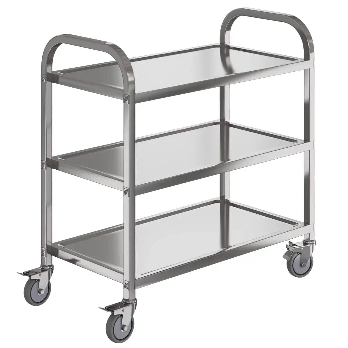 Three Shelf Stainless Steel Serving Cart With Wheels 400 Lb Capacity 1mm Thick Steel Locking Wheels And 360 Degree Rotation