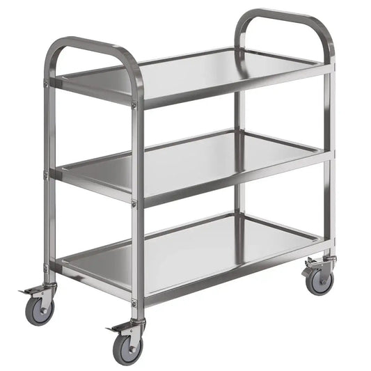 Three Shelf Stainless Steel Serving Cart With Wheels 400 Lb Capacity 1mm Thick Steel Locking Wheels And 360 Degree Rotation