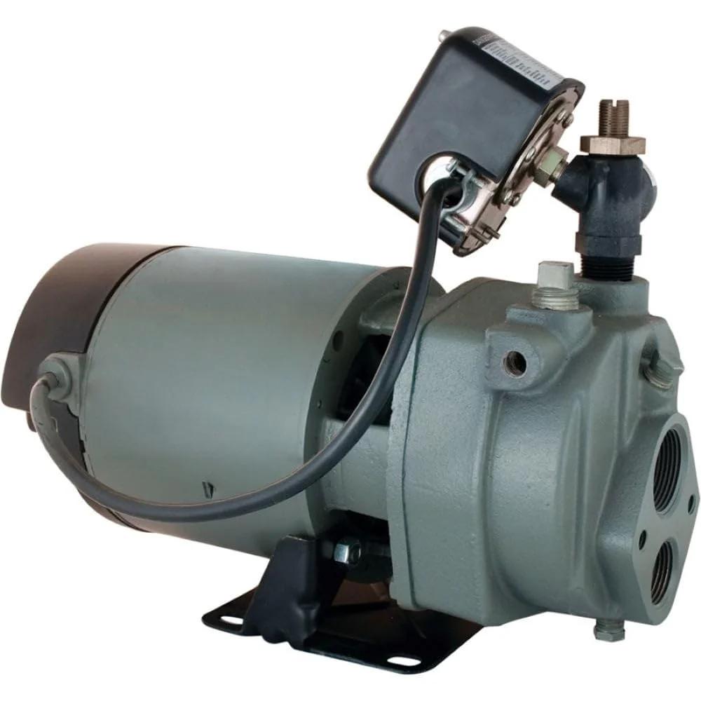 Heavy Duty 1 HP Cast Iron Convertible Jet Well Pump For Shallow And Deep Wells Made In The USA with motor, side view.