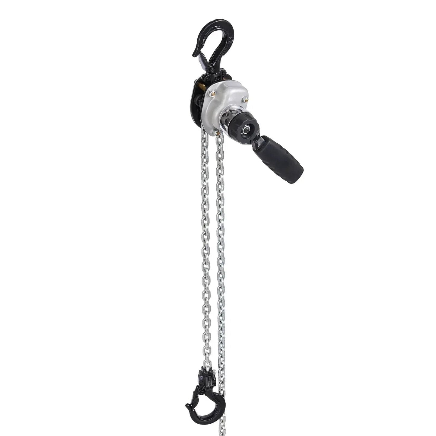 Manual Lever Chain Hoist Half Ton With 5 Ft G80 Chain Dual Pawl Brake, side view showing handle and hooks
