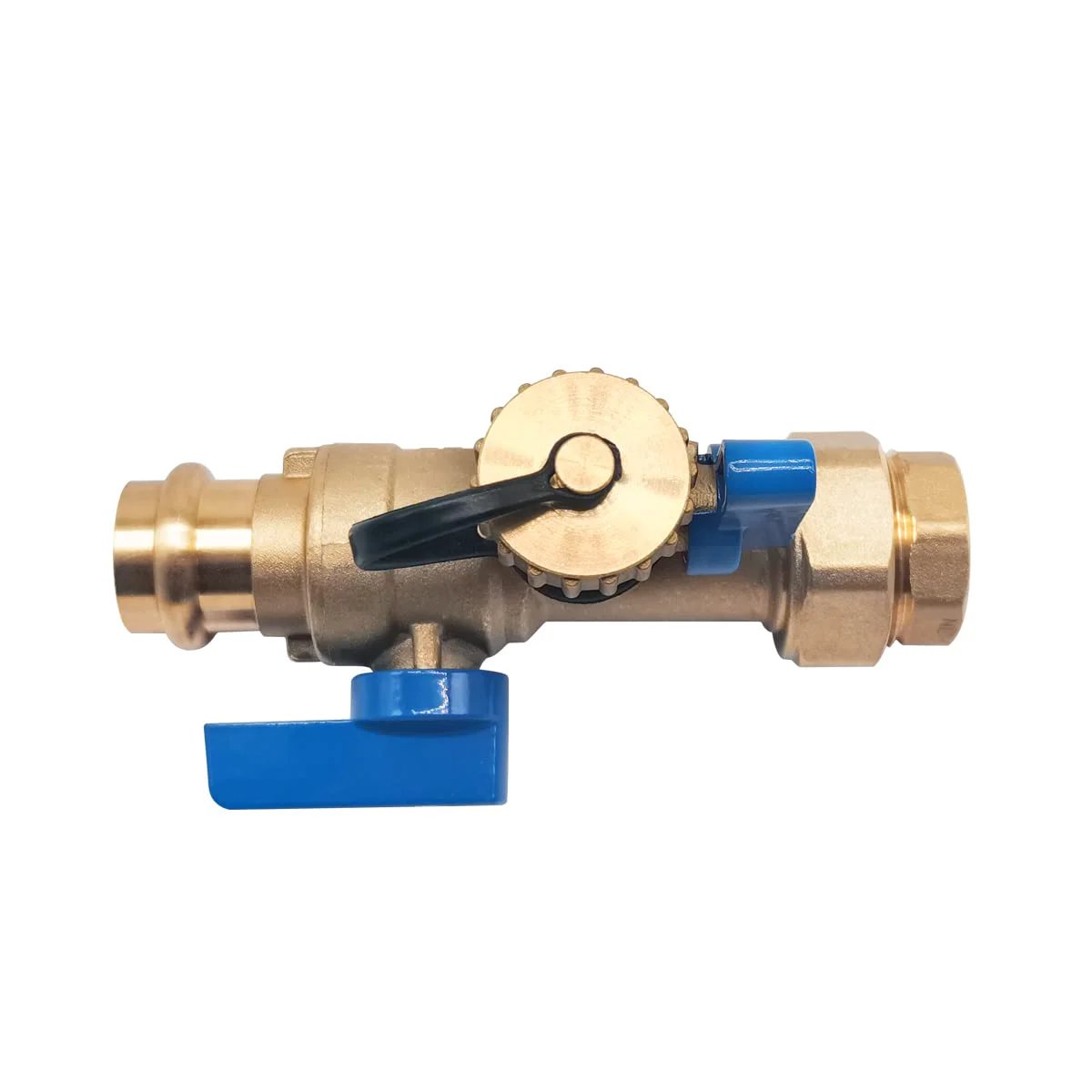 Side view of Tankless Water Heater Isolation Valve Kit With Pressure Relief Valve In Clean Brass For Low Lead Codes, Three Quarters Inch Female Threaded X Press Connection, Easy Install Three Quarters Inch Service Installation Valve For Rheem Rinnai Takagi EcoSmart