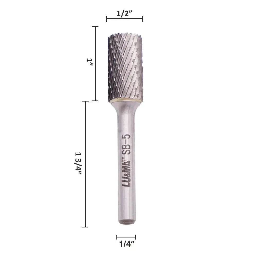 Double Cut Cylinder Tungsten Carbide Burr Set for Metalworking and DIY Fabrication One Half Inch Cutter Diameter, One Inch Cut Length, One Quarter Inch Shank, single burr shown with measurements.