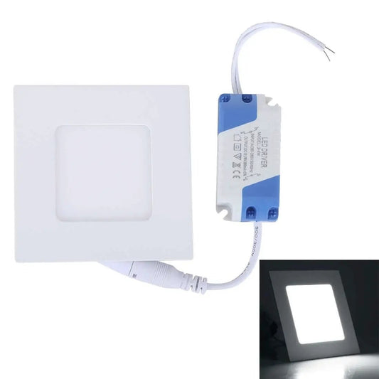 Square LED panel light with power driver, shown lit and unlit, white finish, energy efficient lighting solution for homes and offices.