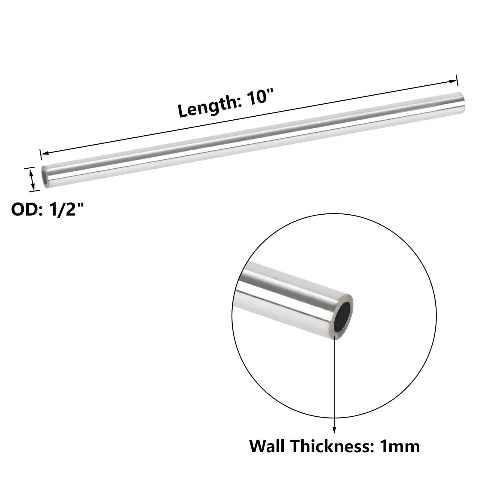 Durable 304 Stainless Steel Tube Half Inch OD Round Pipe Metal Tubing Ten Inch Length One Millimeter Wall Thick Four Pack