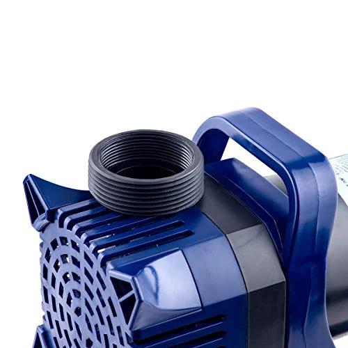 Close-up of a blue Powerful Submersible Pond Pump With 6550 GPH And Quiet 456W Motor, showing handle and water outlet adapter.