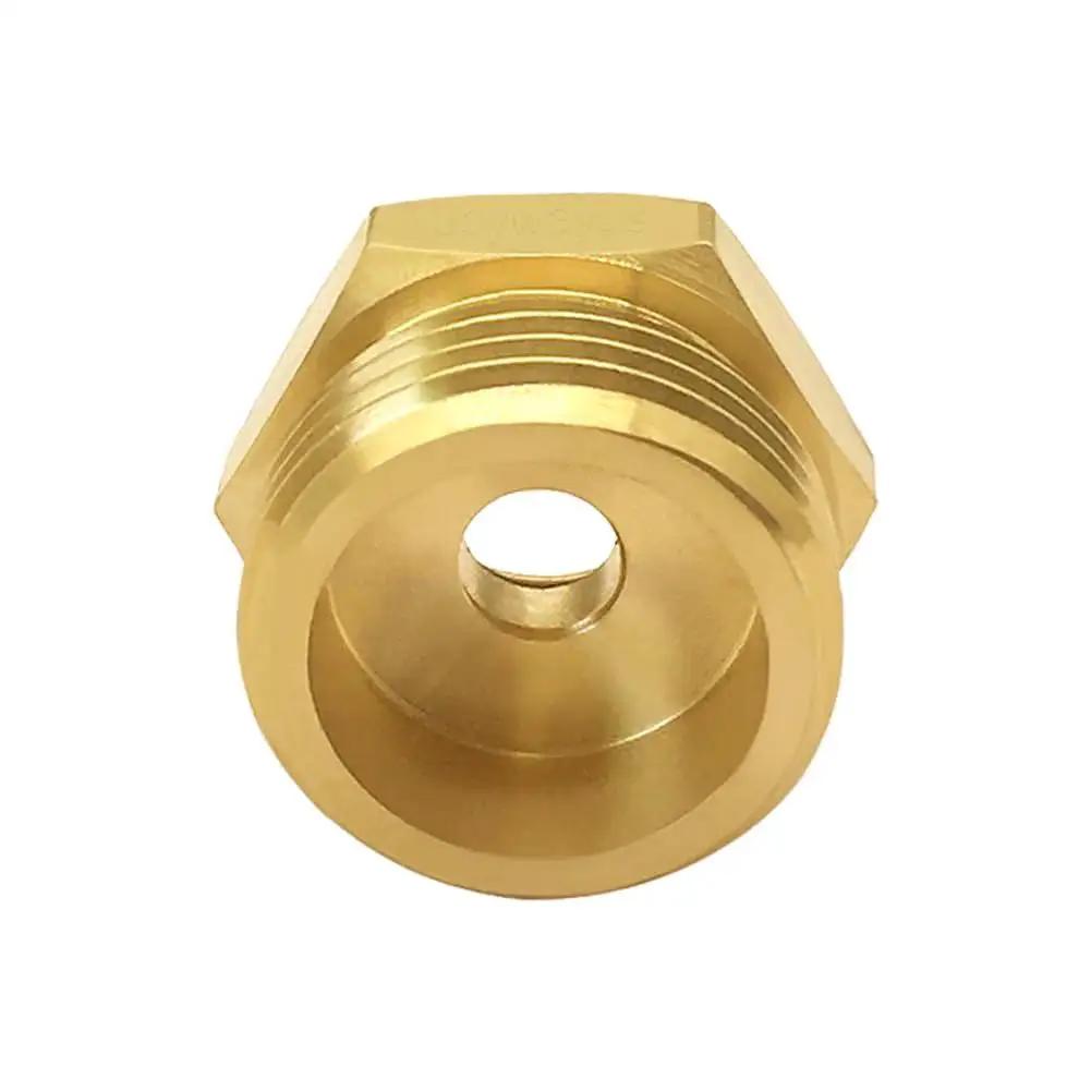 Front view of brass GHT to compression reducer fitting in Two Pack Brass Three Quarter GHT Male To Three Eighths Compression Female Reducer Pipe Fitting For Garden Hose And Faucet Connections Water Supply Line Adapter For RV Kitchen And Bathroom Plumbing Rust Resistant Durable product