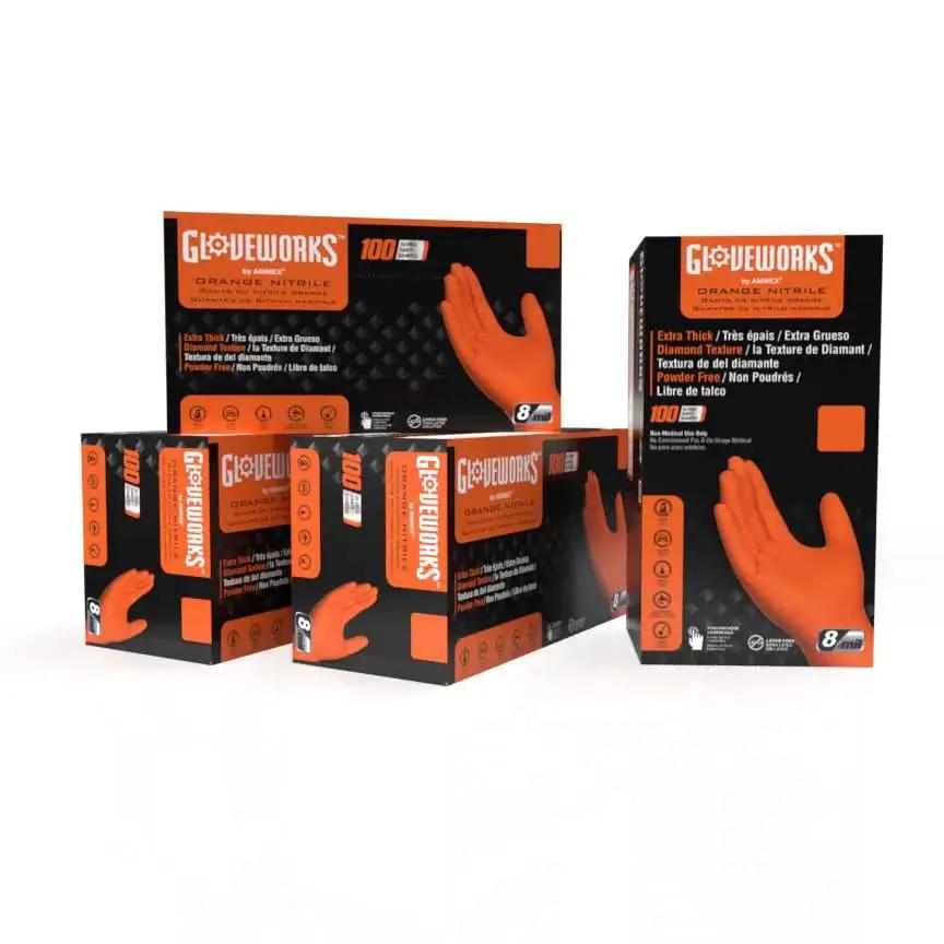 Boxes of Orange Nitrile Work Gloves 8 Mil Heavy Duty Raised Diamond Grip Disposable XL displayed in various angles.