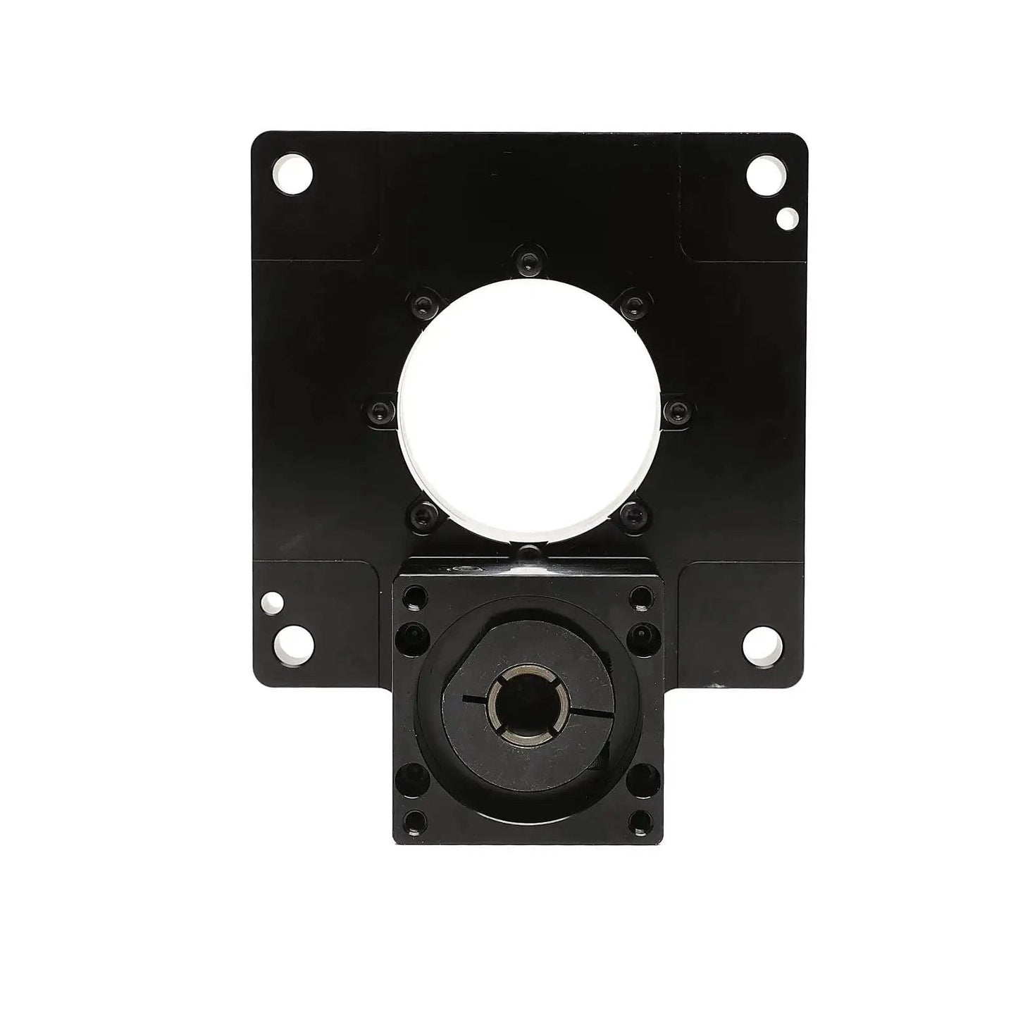 Front view of black Hollow Rotary Actuator With High Precision Rotating Platform For Industrial Automation, mounting holes visible