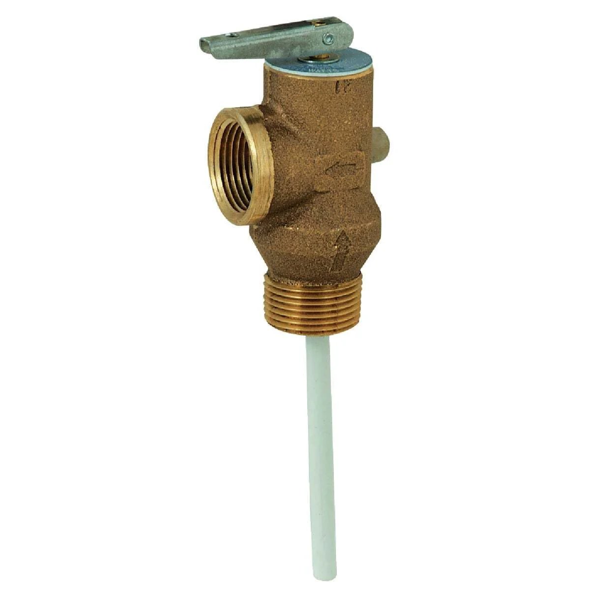 Temperature And Pressure Relief Valve For Water Heaters Replacement Part By Reliance 100108280 in gold finish, side view