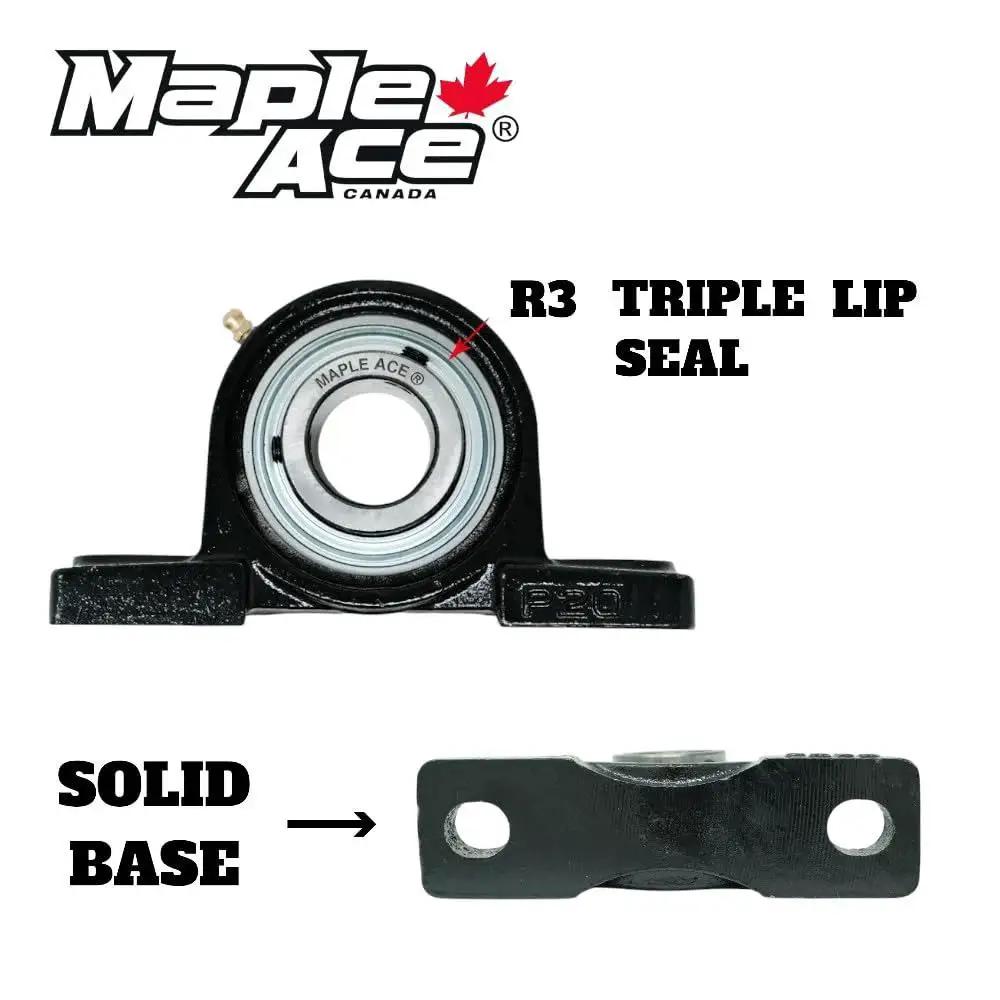 Front view of Beefy Heavy Duty Pillow Block Bearing With Self Aligning Seven Eighths Inch Bore Two Bolt Mount R3 Triple Lip Seal Solid Base Maple Ace UCP205 14 Pack Of Two For Heavy Duty High Speed OEM Replacement And Long Life Ideal For Replacement And OEM