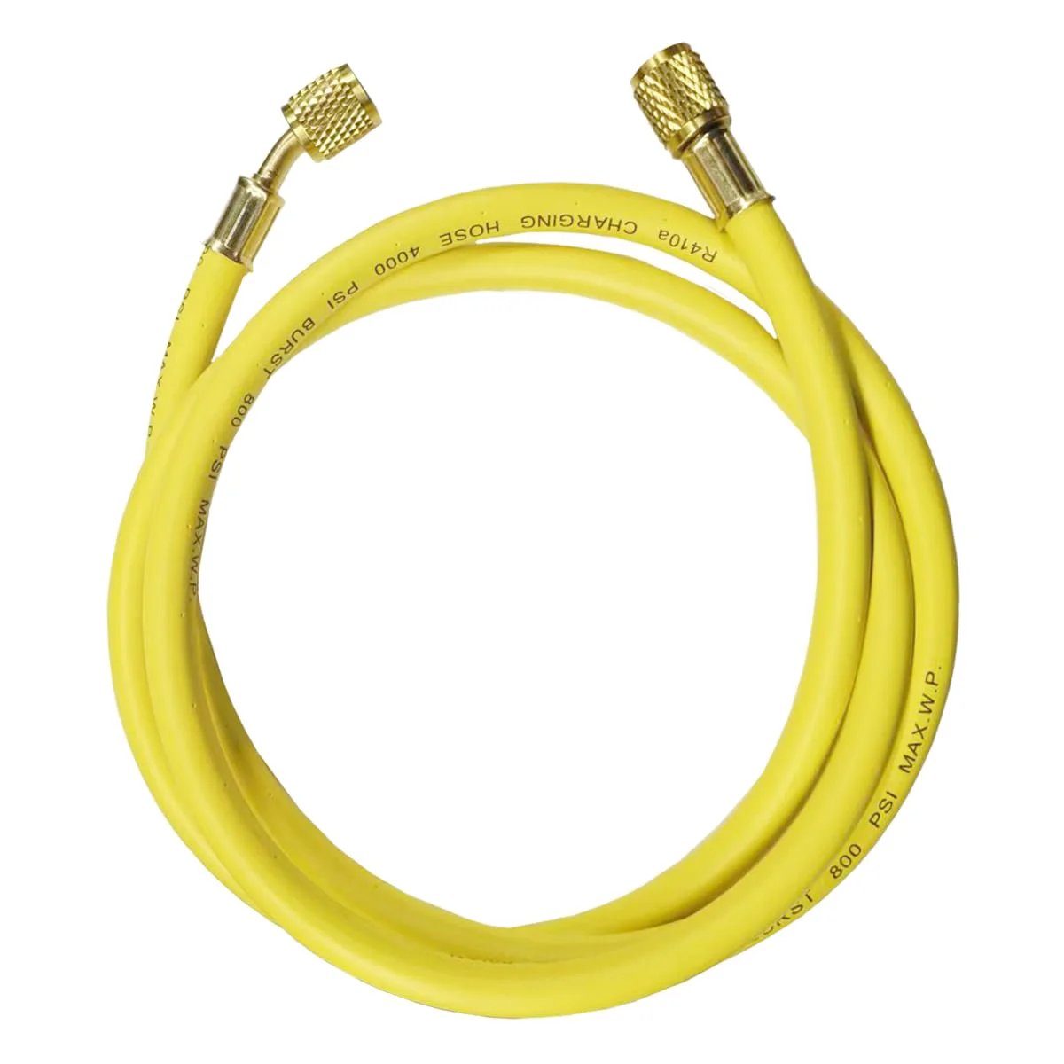 Heavy Duty 60 Inch Refrigerant Charging Hose With 1 Quarter Inch SAE Flare For HVAC Systems, 800 PSI Working Pressure, yellow hose