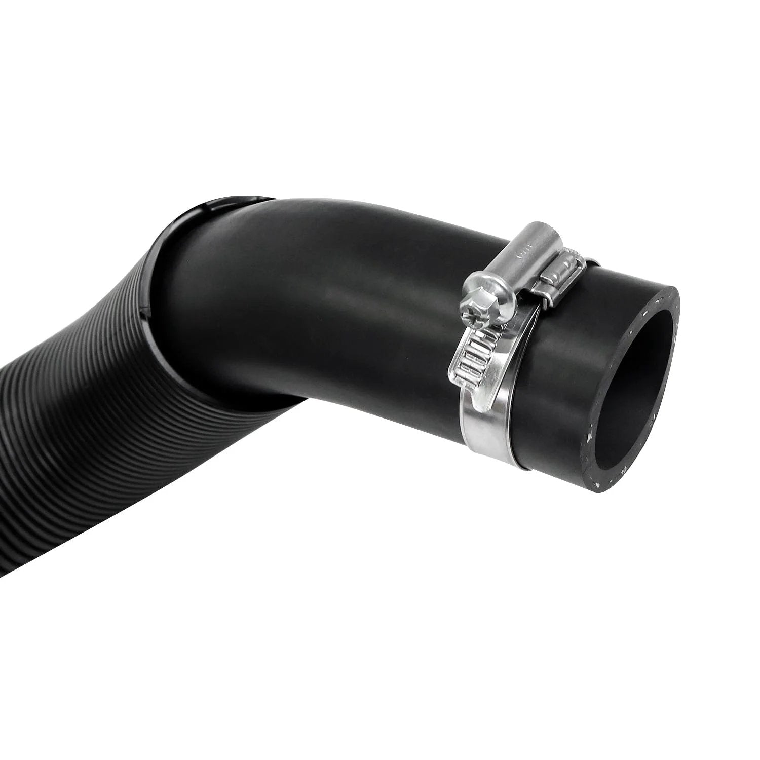 Close-up of Engine Upper And Lower Radiator Coolant Hose Kit By Cool Star For Cadillac Escalade GMC Yukon Chevy Silverado Suburban 2007 To 2014 Replaces 22827731 22827735 Direct Fit Replacement For Durable Performance showing ribbed black rubber hose with metal clamp.