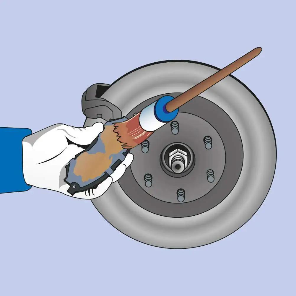 Hand applying Copper Paste Anti Seize Lubricant For High Temperature Threads And Joints Heavy Duty Assembly Compound to brake rotor