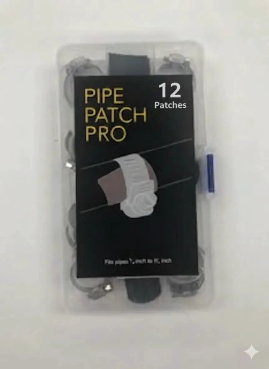 Emergency Pipe Repair Kit with 12 Patches and Clamps in packaging for quick leak fix on copper, PVC, and metal pipes