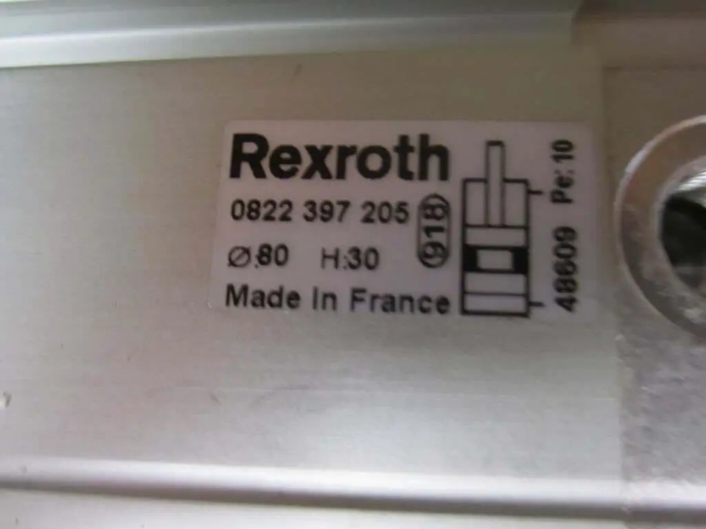 Label of Bosch Rexroth Cylinder 0822-397-205 showing part details and place of manufacture, model 0822397205.