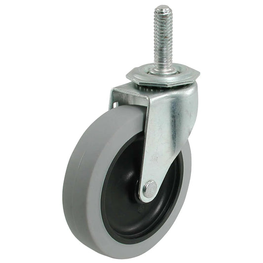 3 Inch Threaded Stem TPR Caster With 110 Lb Load Capacity, Gray TPR Wheel On Black Polypropylene Hub, Ball Bearing Swivel, Three Eighths Inch Threaded Stem, One And A Half Inch Stem Length, For Quick Secure Installation With 16 Nuts, Quiet Non Marking