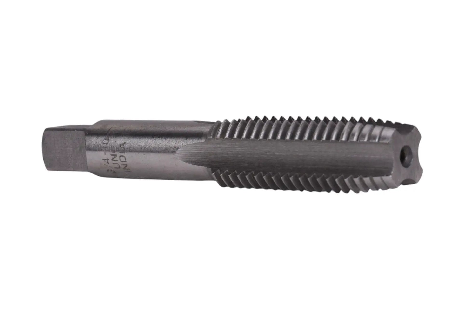 High Carbon Steel Fractional Plug Tap 3/4-10 NC For Durable Precise Threading And Long Lasting Performance Ideal For Hand And Machine Tools Pro DIYers Century Drill And Tool 97117 showing side view of high-carbon steel threads.