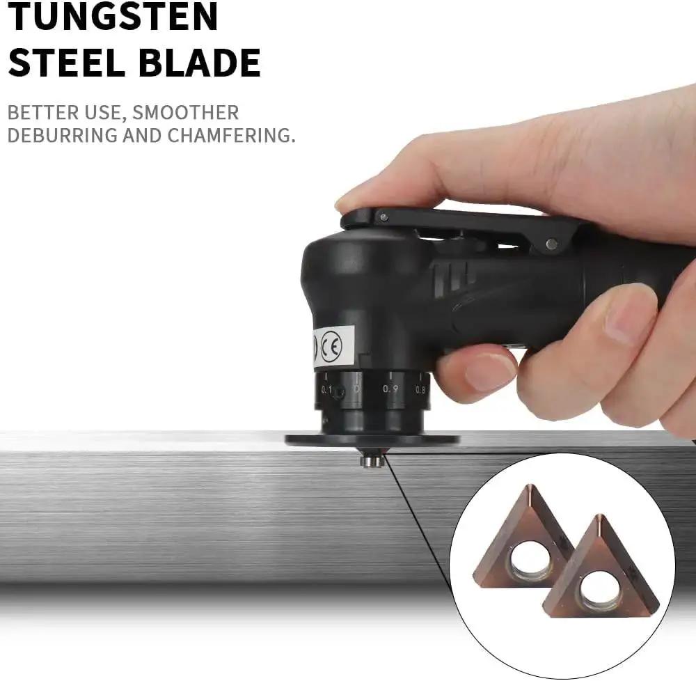 Mini Pneumatic Chamfering Tool For Fast Metal Deburring And Beveling with a tungsten steel blade in use on metal