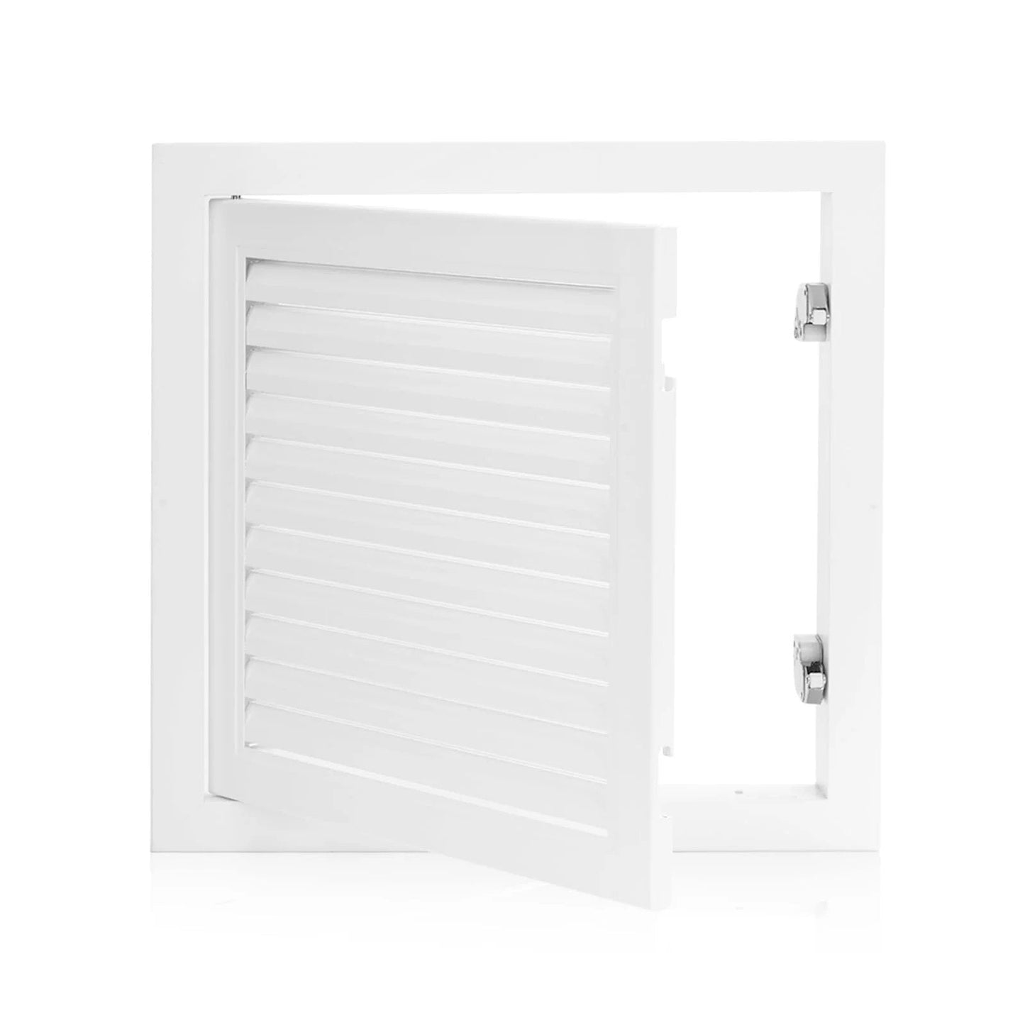 Camouflaged 13.5 By 13.5 Inch Access Panel For Drywall With Push Button Switch And Vent Aluminum Alloy White Finish 12 By 12 Inch Opening Hidden Storage And Easy Utility Access With Slick Ventilation side view