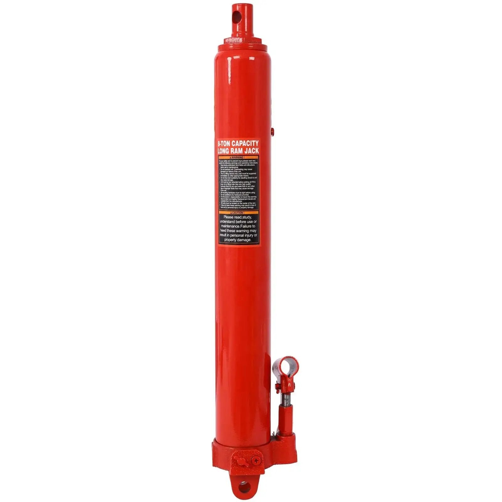 Red 8 Ton Hydraulic Long Ram Jack With Clevis Base For Engine Hoists And Cranes, shown in a standing position.