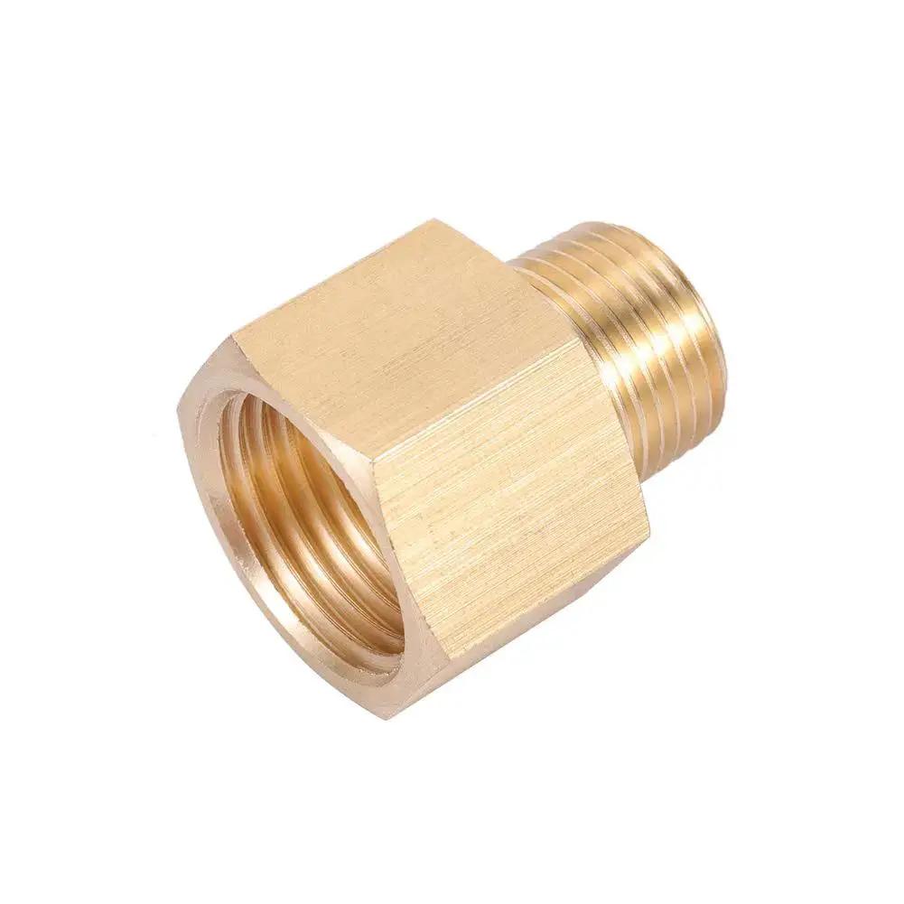Brass Pipe Fitting Three Eighths Inch NPT Male To One Half Inch NPT Female Hex Head Bushing Adapter for converting pipe ends.