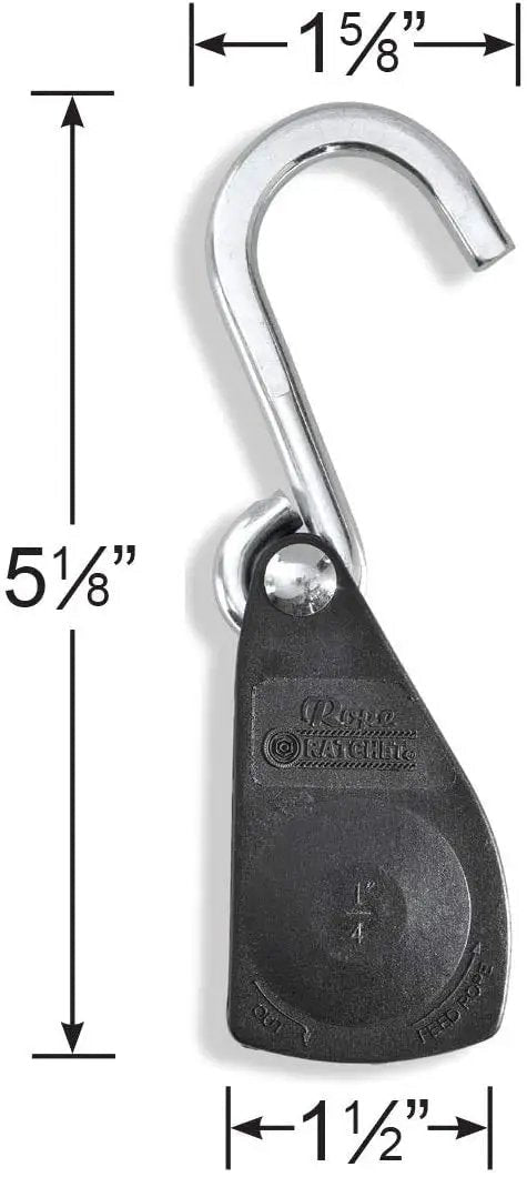 Heavy Duty Rope Ratchet Tie Down Pulley Hanger With Locking Mechanism For Easy Tensioning Of Shade Sails Hammocks Canopies And Outdoor Gear Works With One Quarter Inch Rope And Delivers A 150 Pound Capacity No Rope Included, shown with dimensions