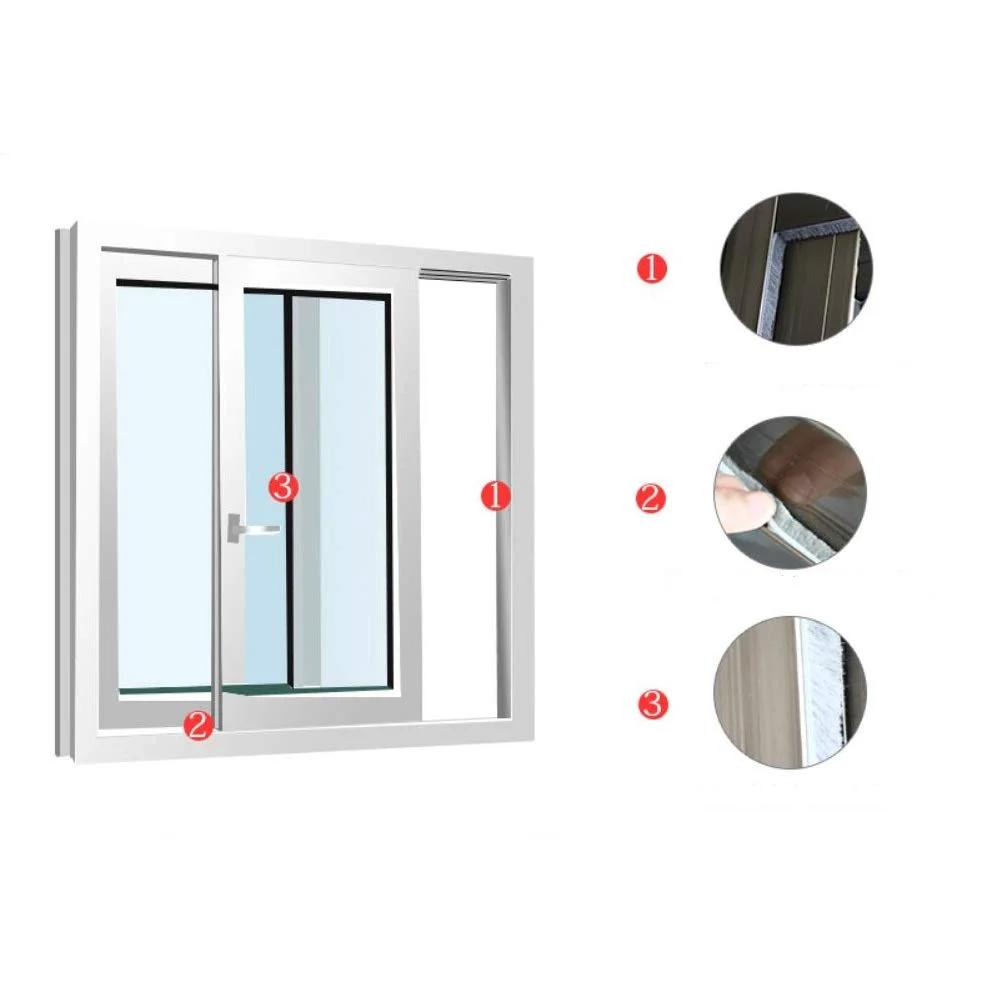 Fuzzy Brush Weatherstripping For Windows And Doors, Self Adhesive Felt Seal, 0.34375 Inch By 0.34375 Inch, 16 Ft Long, shown installed on window, white color.