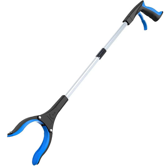 Heavy Duty Grabber Reacher Tool For Seniors 32 Inch Foldable Gripper With Easy Trigger Grip No Bending Needed Perfect For Trash Cleanup And Everyday Pickups Lightweight Portable For Home Car Garden And Recovery Anywhere shown in blue and black with ergonomic handle.